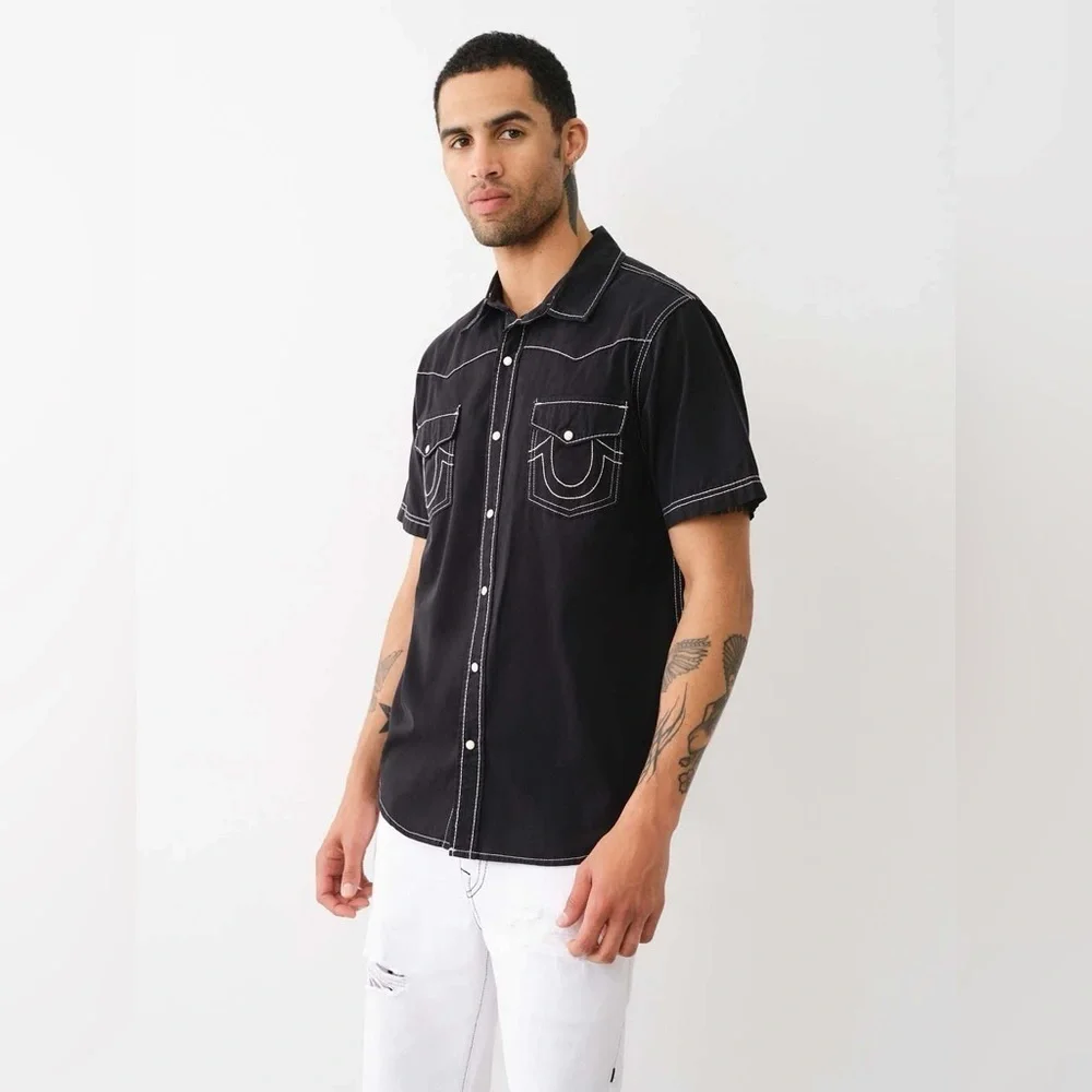 True Religion Big T Western Shirt Black Contrast Stitch Snap Button SS Sz Medium